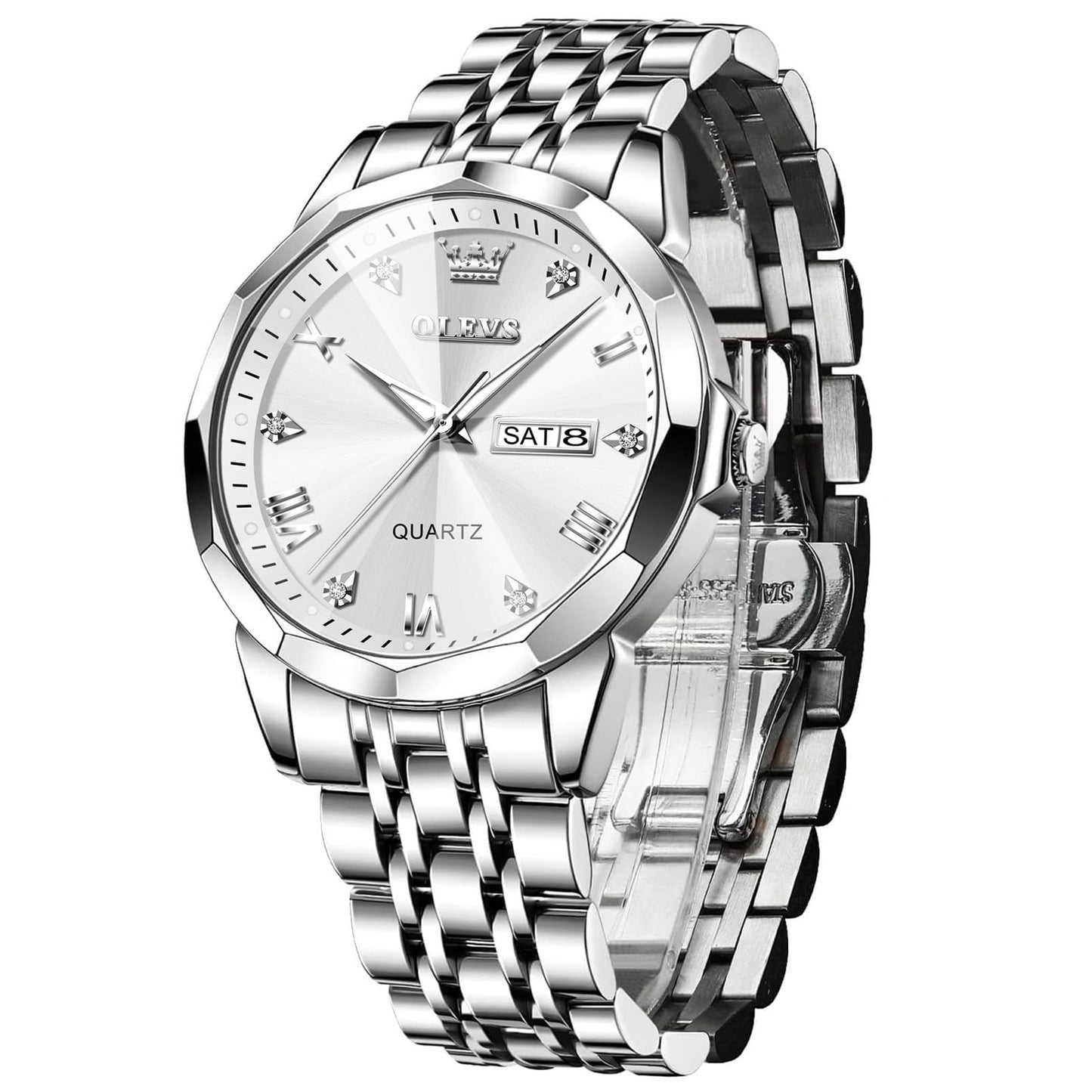 HOTOLEVS Men's Casual Stainless Steel Watch, Big Face Easy to Read Analog Quartz Watch with Day and Date, Classic Waterproof Diamond Roman Arabic Numeral Dial Dress Watch for Men, Gold Silver Black Band