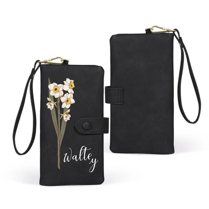 HOTPersonalized Wallet for Women, Custom Birth Flower & Name Detachable Leather Wristlet, Stylish Card Holder Purse with Zipper Large Capacity Wallet Mother's Day Gifts for Mom (Purple)