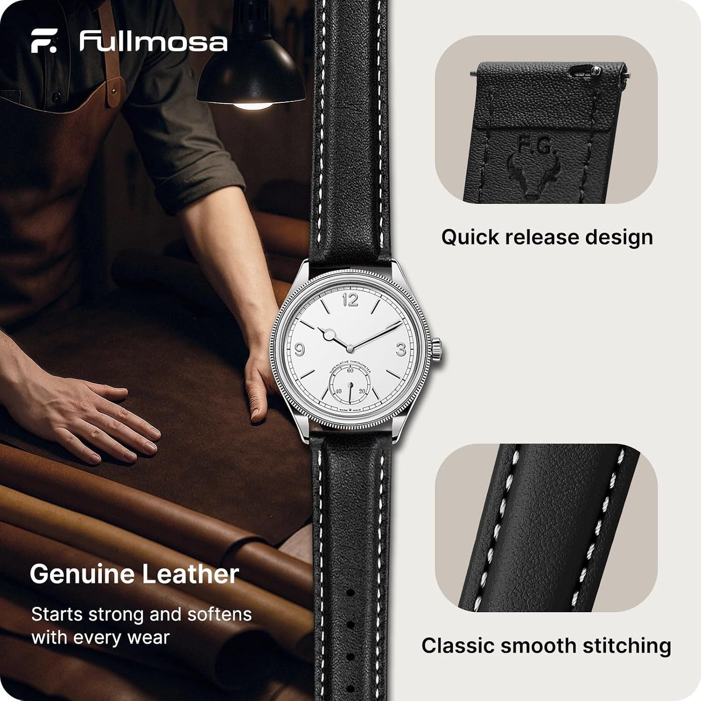 HOTFullmosa 19mm Quick Release Leather Watch Band | Traditional Smartwatch Replacement Strap for Women Men Formal Daily Commute, Black&Silver Buckle