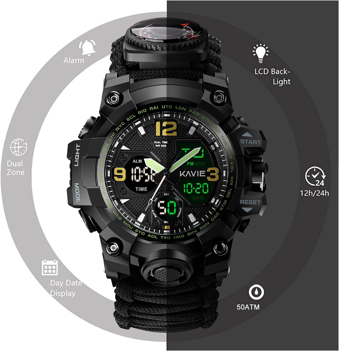 HOTMens Tactical Military Digital Watch, 23-in-1 Survival Multi-Functional Army Outdoors Waterproof Camouflage Sports Watches Dual Display Analog LED Electronic Wristwatches with Compass Paracord Band