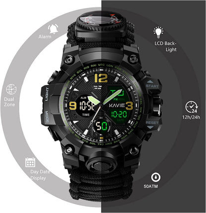 HOTMens Tactical Military Digital Watch, 23-in-1 Survival Multi-Functional Army Outdoors Waterproof Camouflage Sports Watches Dual Display Analog LED Electronic Wristwatches with Compass Paracord Band