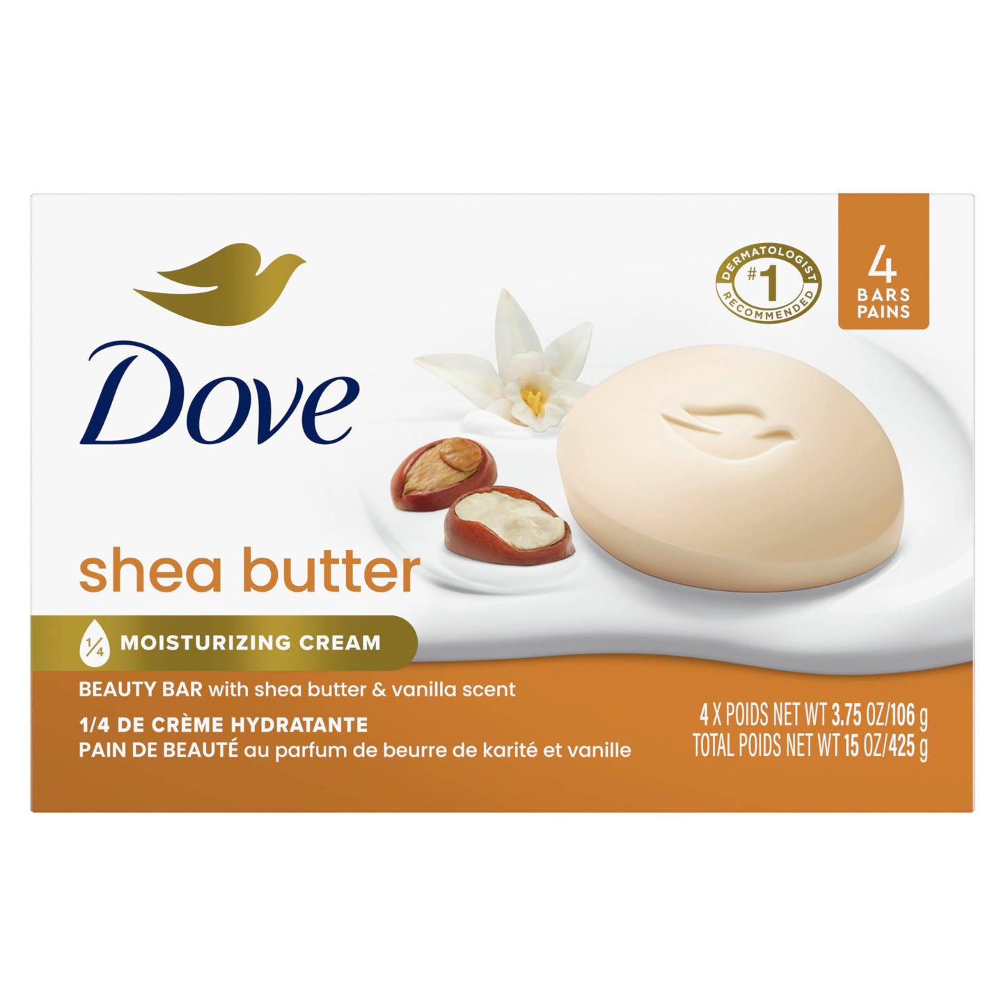 HOTDove Shea Butter Beauty Bar Soap 8 Count, Nourishing Cleanser, 3.75 oz I Moisturizing beauty bar with ¼ moisturizing cream and shea butter for soft, radiant skin