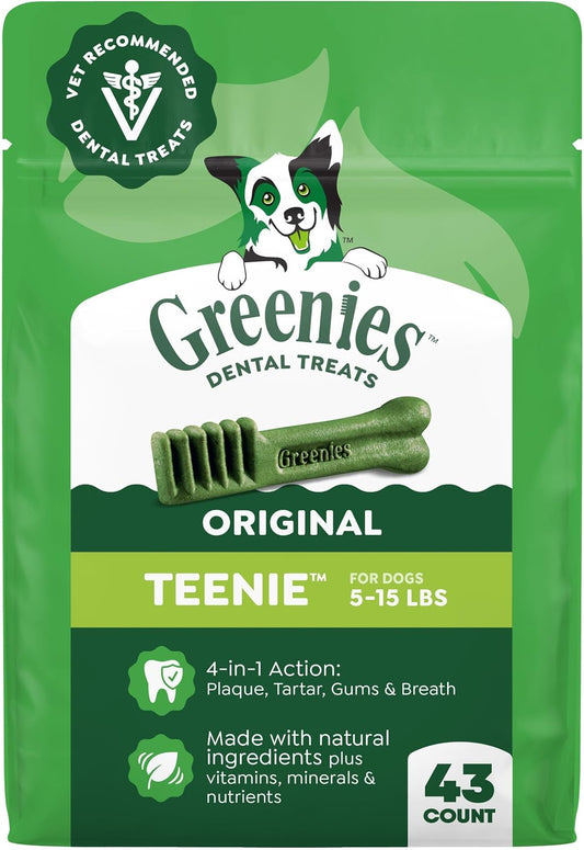HOTGreenies Teenie Original Natural Dental Dog Treats, Chicken, 43 Count | Clinically-proven, veterinarian-recommended, 47% less tartar & 40% less plaque in 28 days, for dogs 5-15 lbs, 12 oz. Pack