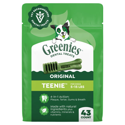 HOTGreenies Teenie Original Natural Dental Dog Treats, Chicken, 130 Count | Clinically-proven, veterinarian-recommended, 47% less tartar & 40% less plaque in 28 days, for dogs 5-15 lbs, 36 oz. Pack