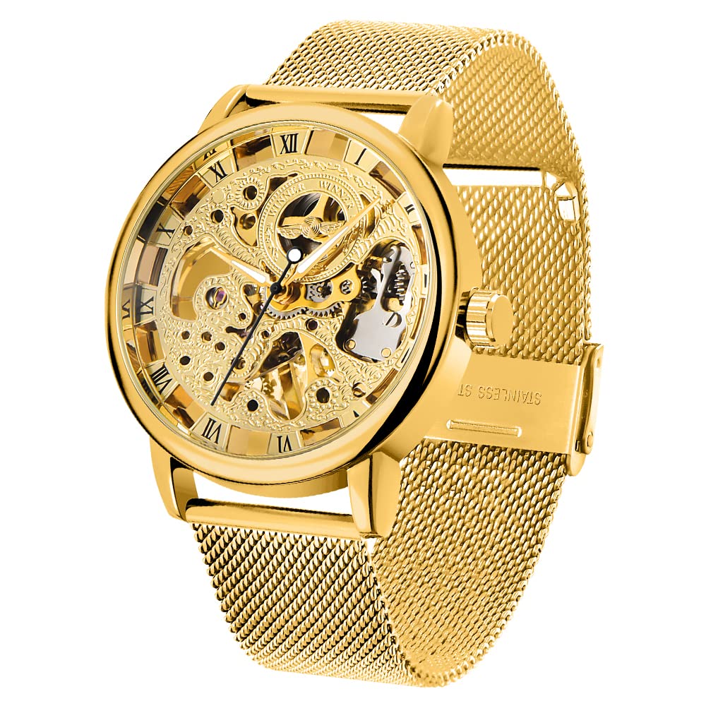 HOTMen's Skeleton Mechanical Roman Numeral Mesh Strap Watch, Hand Winding Mechanical Mesh Luminous Waterproof Watch for Men
