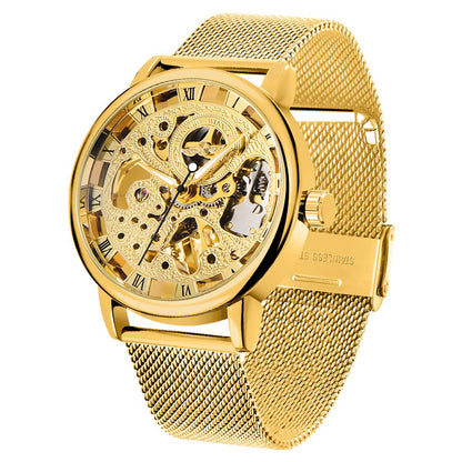 HOTMen's Skeleton Mechanical Roman Numeral Mesh Strap Watch, Hand Winding Mechanical Mesh Luminous Waterproof Watch for Men