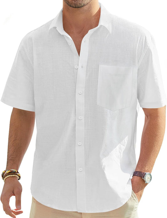 HOTJ.VER Mens Linen Shirt Short Sleeve Button Down Casual Summer Shirts | Cotton Linen, Untucked, Big Tall, from Beach Camp Vacation, Cruise Fishing, Work Office, to Wedding Party Family, with Pocket