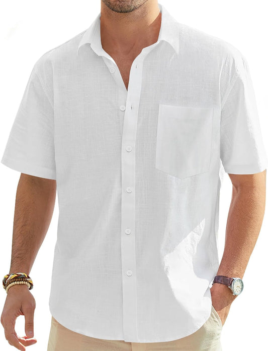 HOTJ.VER Mens Linen Shirt Short Sleeve Button Down Casual Summer Shirts | Cotton Linen, Untucked, Big Tall, from Beach Camp Vacation, Cruise Fishing, Work Office, to Wedding Party Family, with Pocket