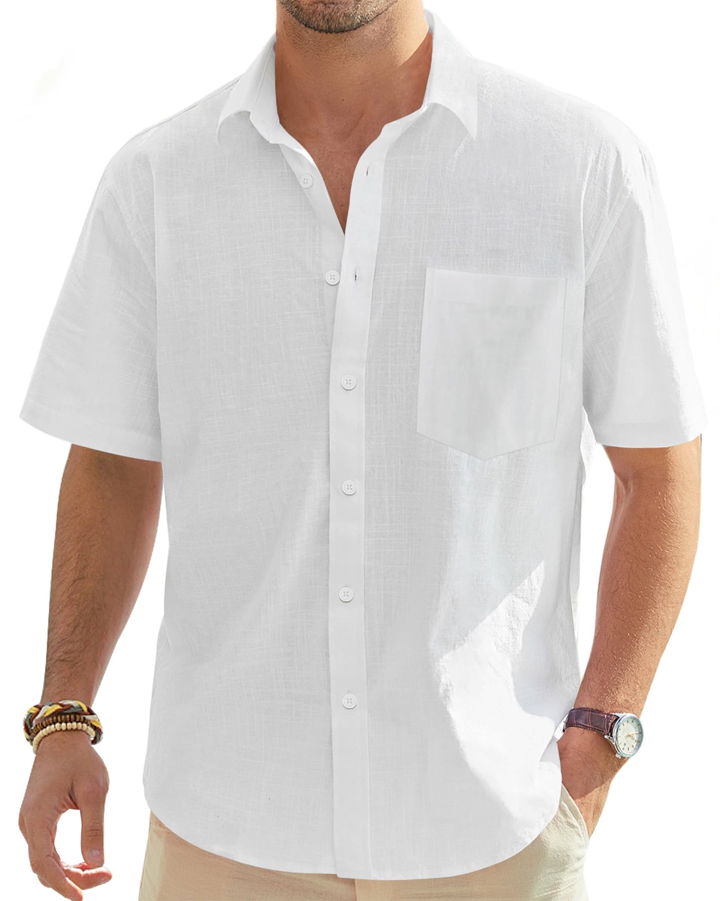 HOTJ.VER Mens Linen Shirt Short Sleeve Big Tall Button Down Casual Shirts | Summer, Cotton Linen, Lightweight, for Beach Camp Vacation, Cruise Fishing, Work Office, Wedding Party Family, with Pocket