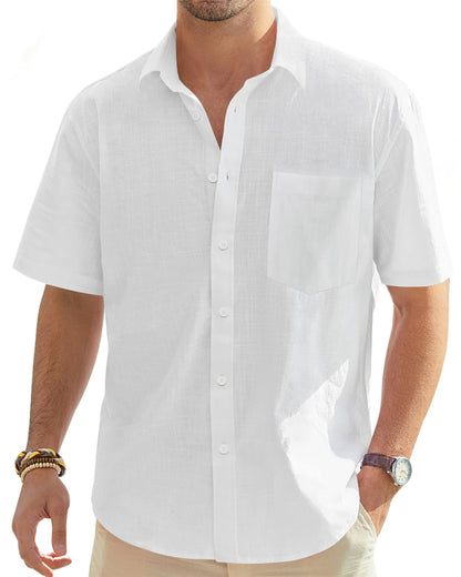 HOTJ.VER Mens Linen Shirt Short Sleeve Big Tall Button Down Casual Shirts | Summer, Cotton Linen, Lightweight, for Beach Camp Vacation, Cruise Fishing, Work Office, Wedding Party Family, with Pocket