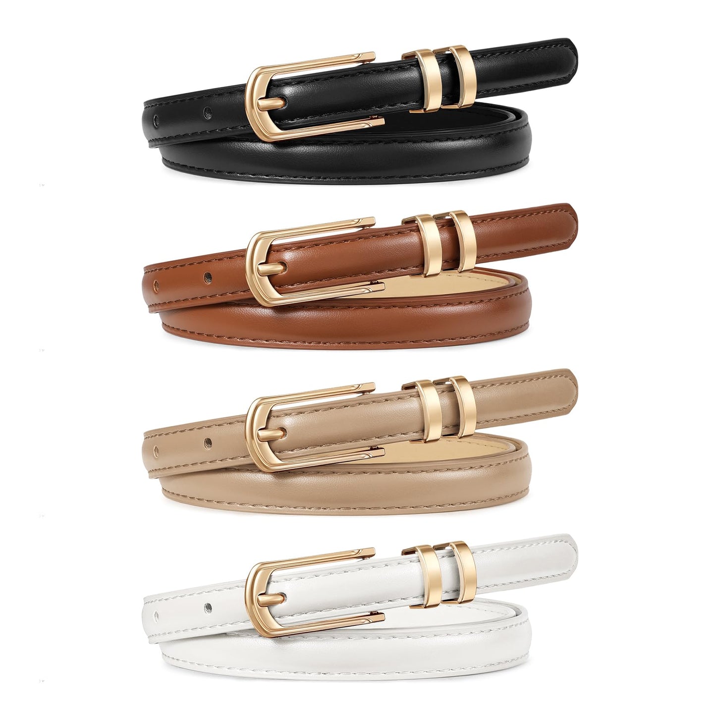 HOTWERFORU 4 Pack Women Skinny Leather Belt for Jean Pant Fashion Thin Waist Belt for Women Outfit Belt with Gold Buckle