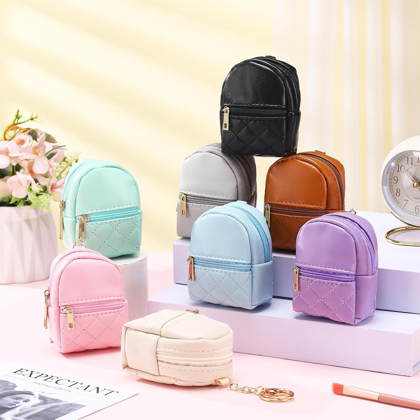 HOTLiliaafar 8 Pcs Mini Backpack Keychain Mini Coin Purses for Women Cute PU Leather Makeup Bag with Keychain, Multi Pocket Card Holder Cable Organizer Giftable Zipper Pouch (Minimalist)