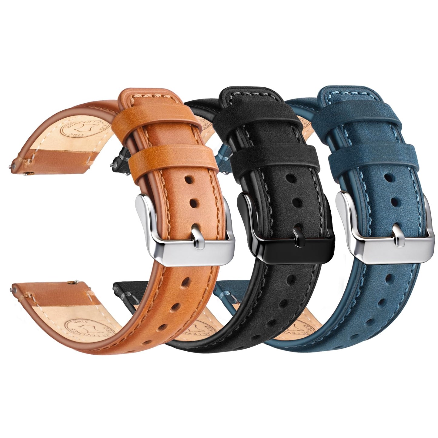 HOTWristitani 3 Pack Leather Watch Strap, 19mm 20mm 21mm 22mm 24mm Top Genuine Leather Watch bands for Men, Quick Release Vintage Wristband