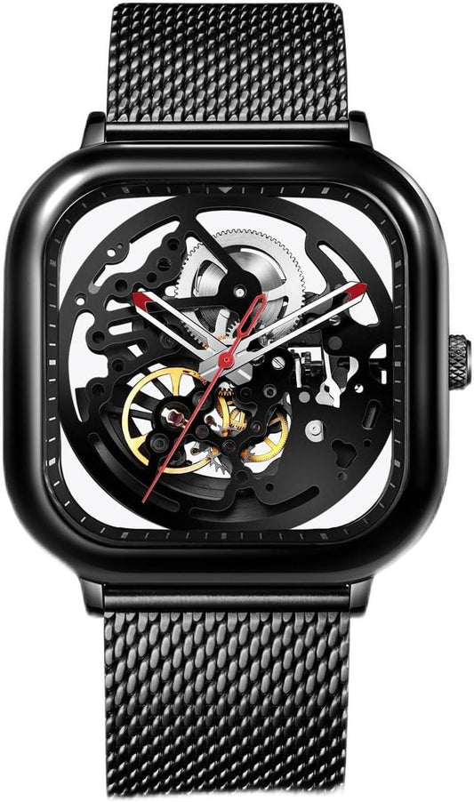 HOTCIGA Design Automatic Mechanical Watch C Series Skeleton Analog Wrist Watch with Milanese Strap Sapphire Crystal Mirror Gifts for Men and Women