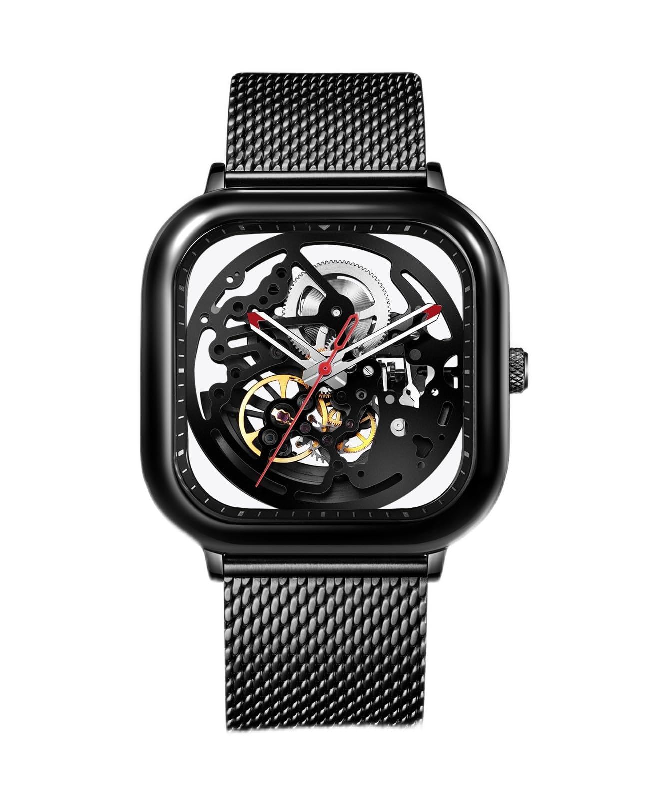 HOTCIGA Design Automatic Mechanical Watch C Series Skeleton Analog Wrist Watch with Milanese Strap Sapphire Crystal Mirror Gifts for Men and Women