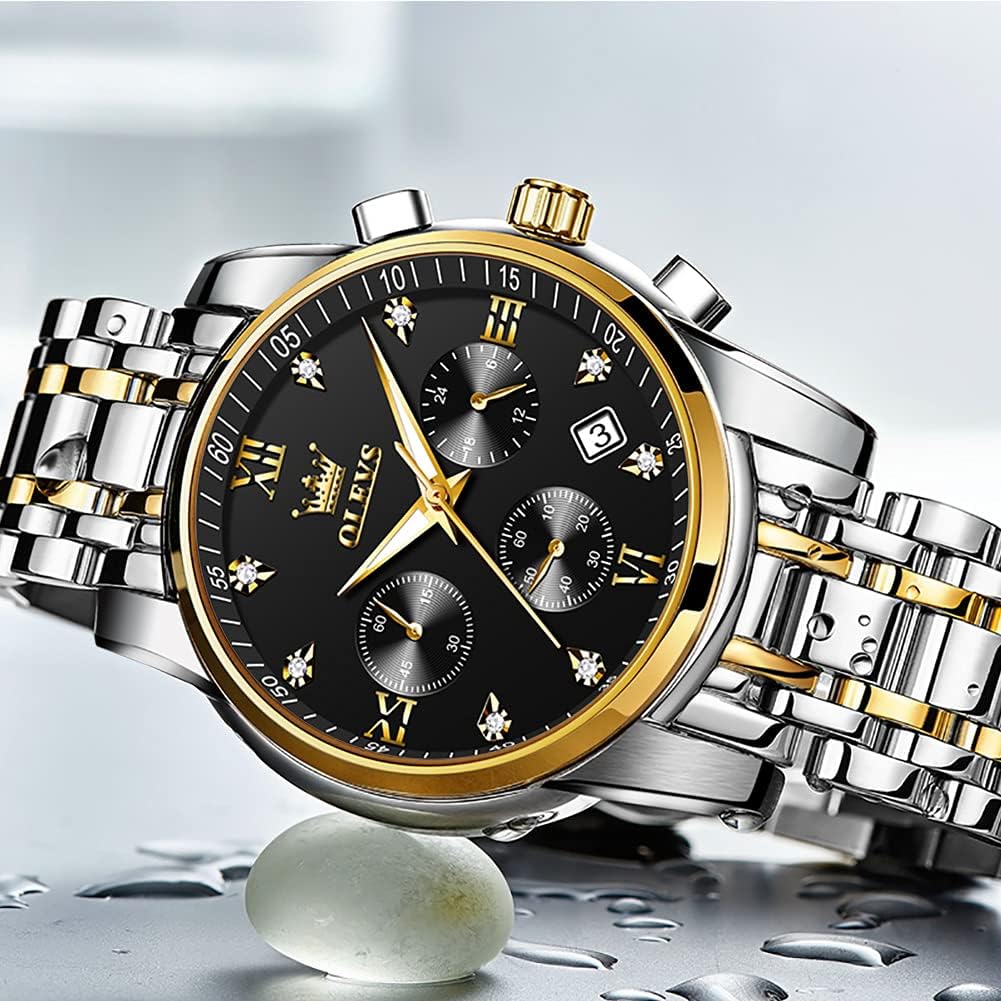 HOTOLEVS Men's Stainless Steel Chronograph Watch, Big Face Gold Silver Black Tone Easy to Read Analog Quartz Watch, Luxury Waterproof Date Diamond Roman Arabic Numerals Dial Dress Watch for Men