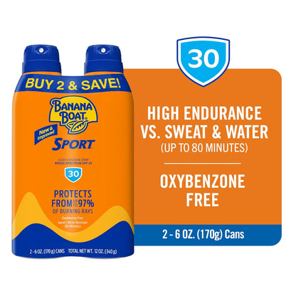 HOTBanana Boat Sport Ultra SPF 30 Sunscreen Spray | Banana Boat Sunscreen Spray SPF 30, Water Resistant, Oxybenzone Free, 6oz each Twin Pack