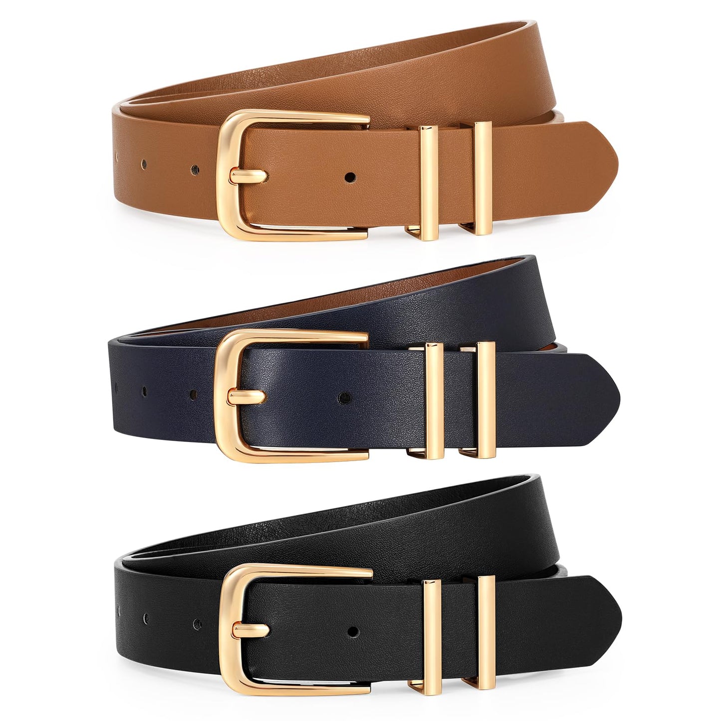 HOTLEACOOLKEY 3 Pack Women's Leather Belts for Jeans Dress Pants Fashion Ladies Leather Belts with Gold Buckle