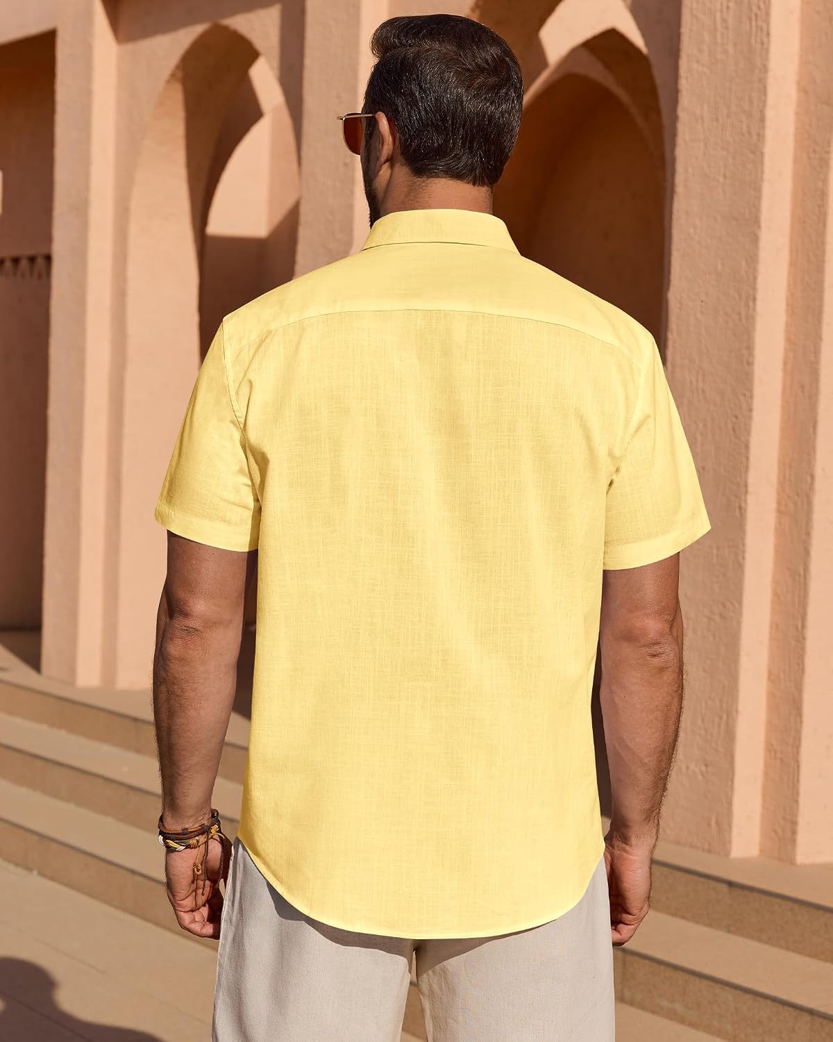 HOTMens Linen Textured Shirt Cotton Short Sleeve Summer Button Down Shirts | 100% Cotton, Linen-look Texture, Casual Wear, Breathable Feel, Lightweight, Untucked, Regular Fit, Beach, Vacation, Resort