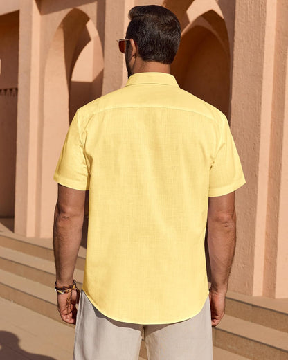 HOTMens Linen Textured Shirt Cotton Short Sleeve Summer Button Down Shirts | 100% Cotton, Linen-look Texture, Casual Wear, Breathable Feel, Lightweight, Untucked, Regular Fit, Beach, Vacation, Resort