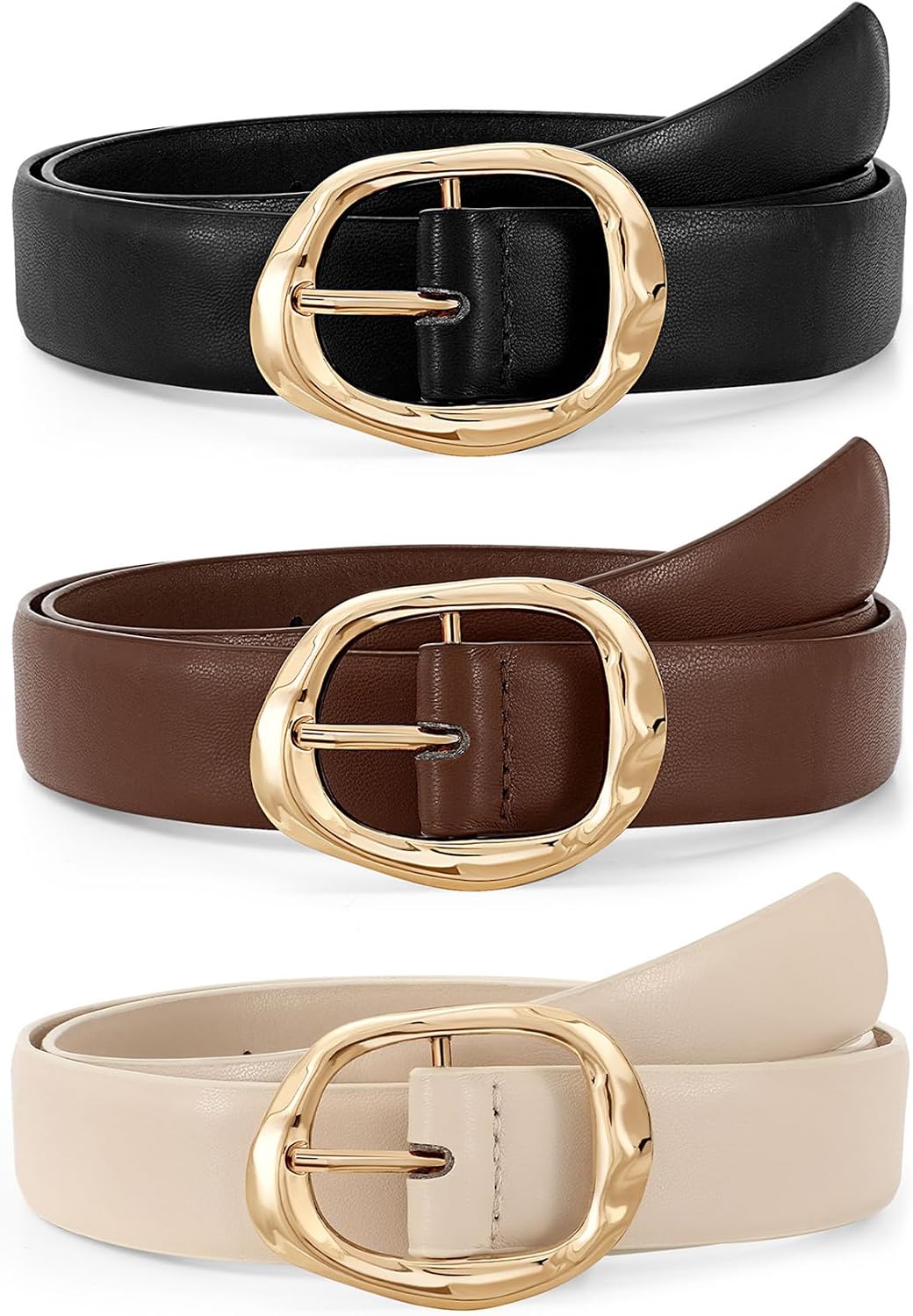 HOTJASGOOD 3 Pack Women Belts for Jeans Pants Ladies Leather Waist Belt Casual Fashion Trend Belt for Women with Gold Buckle