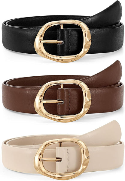HOTJASGOOD 3 Pack Women Belts for Jeans Pants Ladies Leather Waist Belt Casual Fashion Trend Belt for Women with Gold Buckle