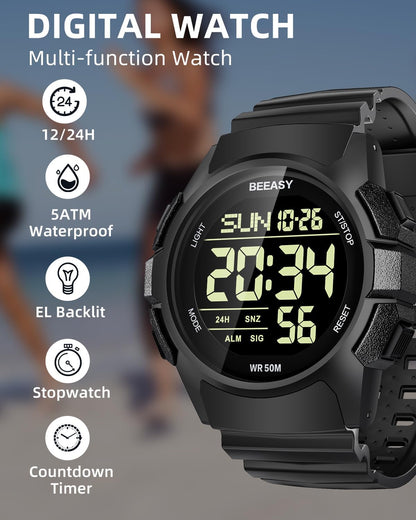 HOTBeeasy Mens Digital Sports Watch, 50M Waterproof 49mm Rubber Strap Mens Watches with Stopwatch, Countdown Timer, Alarm & Dual Time—Ideal for Sport, Gym, Running, Referee, School & Daily Wear