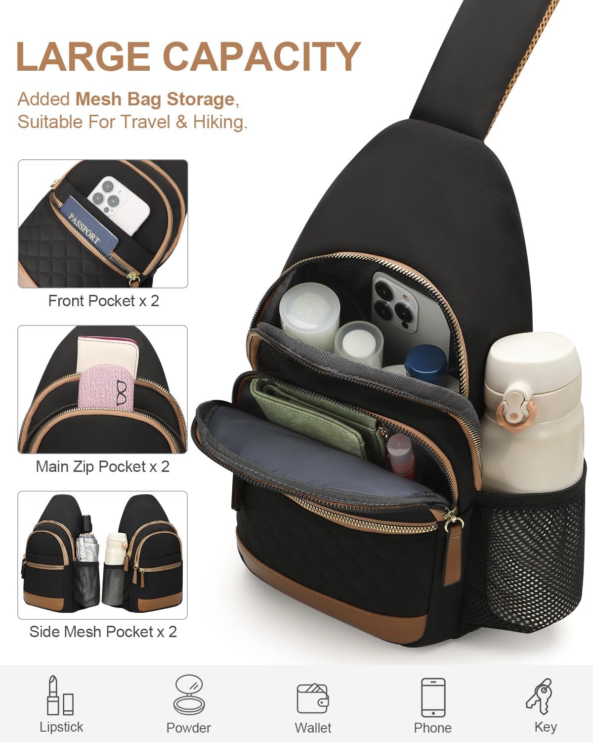 HOTCapolo Sling Bag for Women Men Waterproof Crossbody Bags for Women Trendy Casual Fanny Pack with Convertible Shoulder Strap Chest Bag for Travel Hiking(Black, Large)