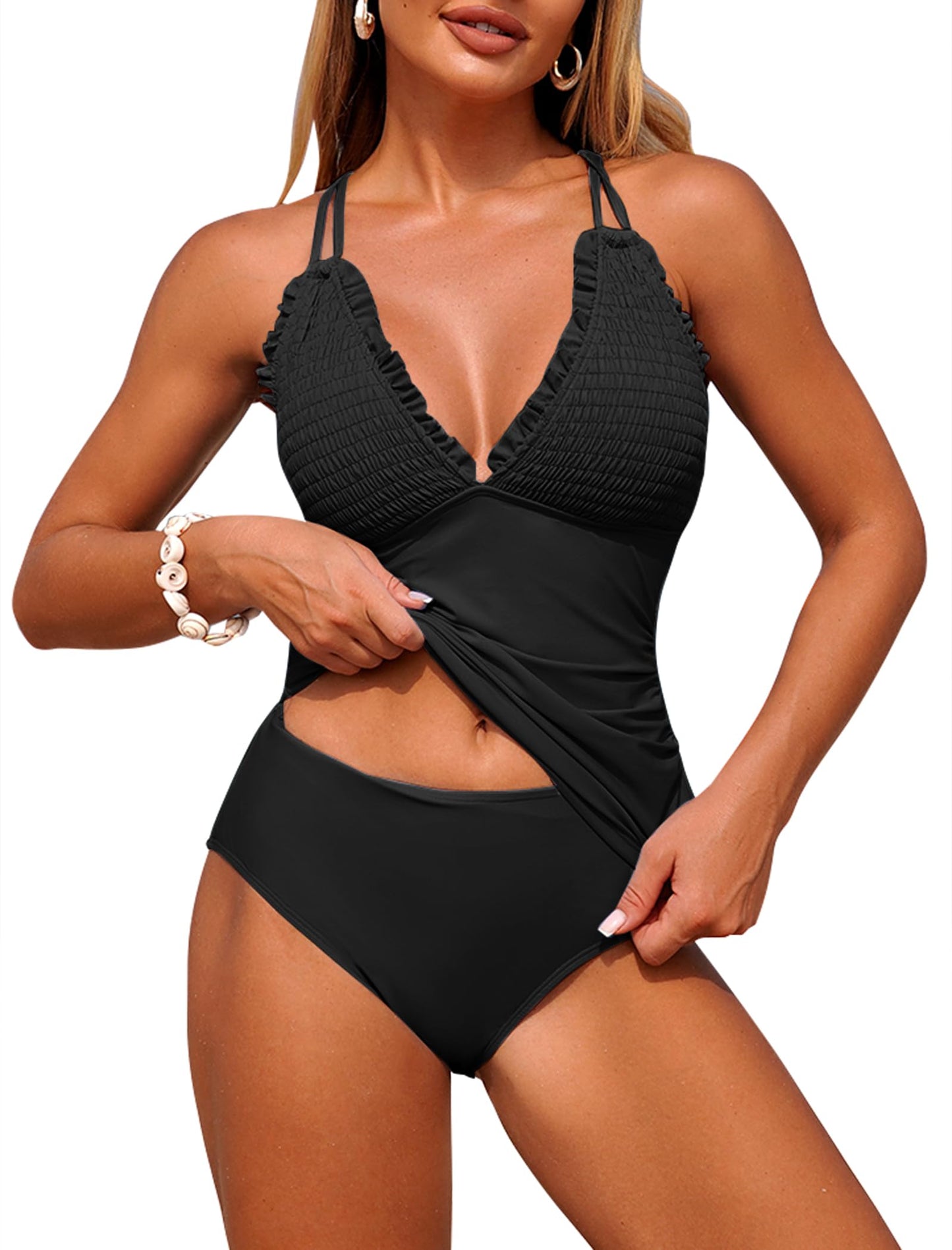 HOTZAFUL Womens Tankini Swimsuits Smocked 2 Piece Bathing Suits Modest Tie Back Swimwear