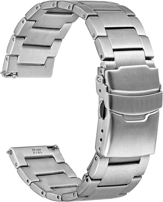HOTWOCCI 22mm Heavy-duty Metal Watch Band for Men, 316L Stainless Steel, Double Locking Deployant Clasp (Silver)
