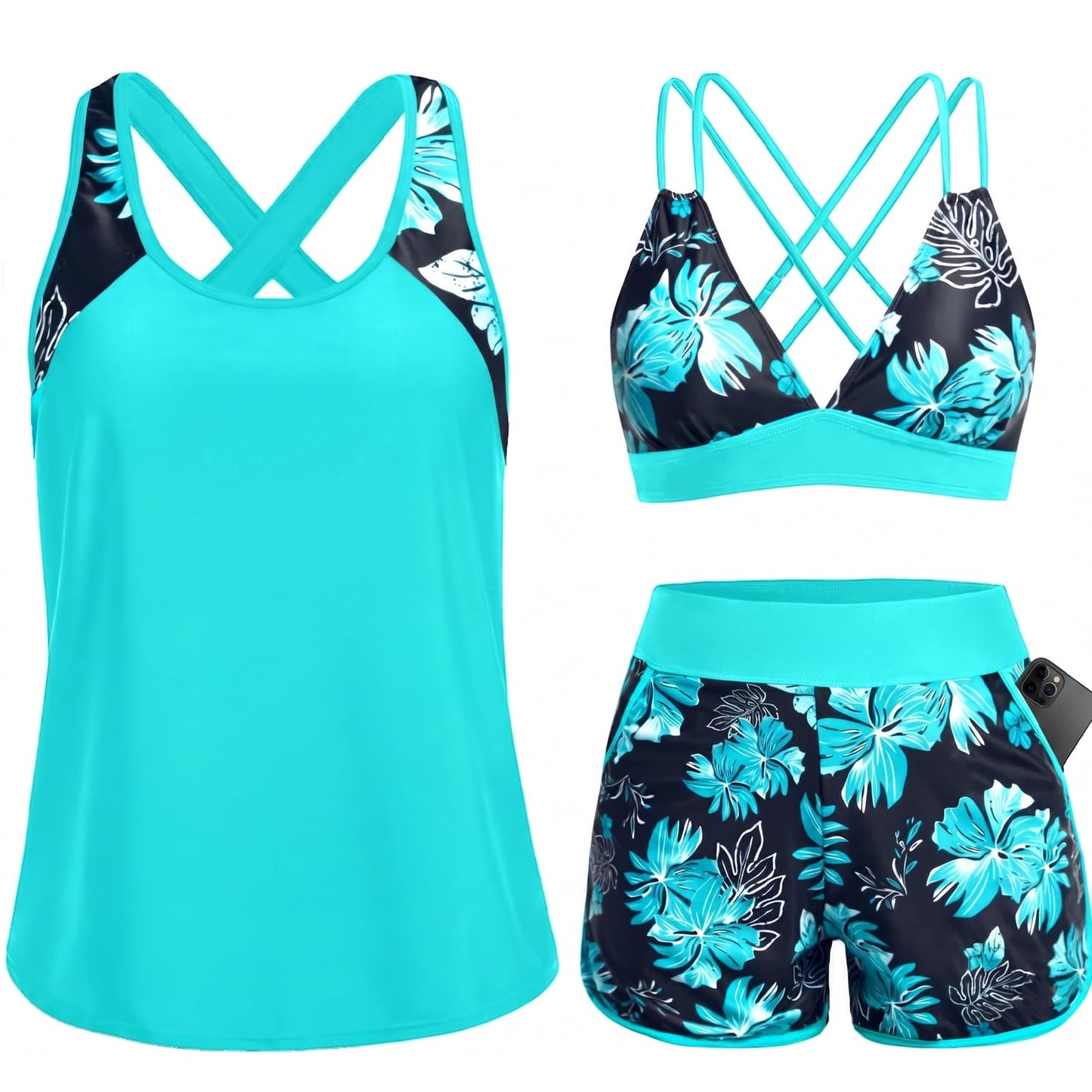 HOTWomen's 3 Piece Tankini Swimsuit Tummy Control with Bra Pocket Boy Shorts | Modest Bathing Suit, Athletic Style, Strappy-Back Support, High-Waist Fit, Built-In Brief, Side Pockets, Beach Swim Days