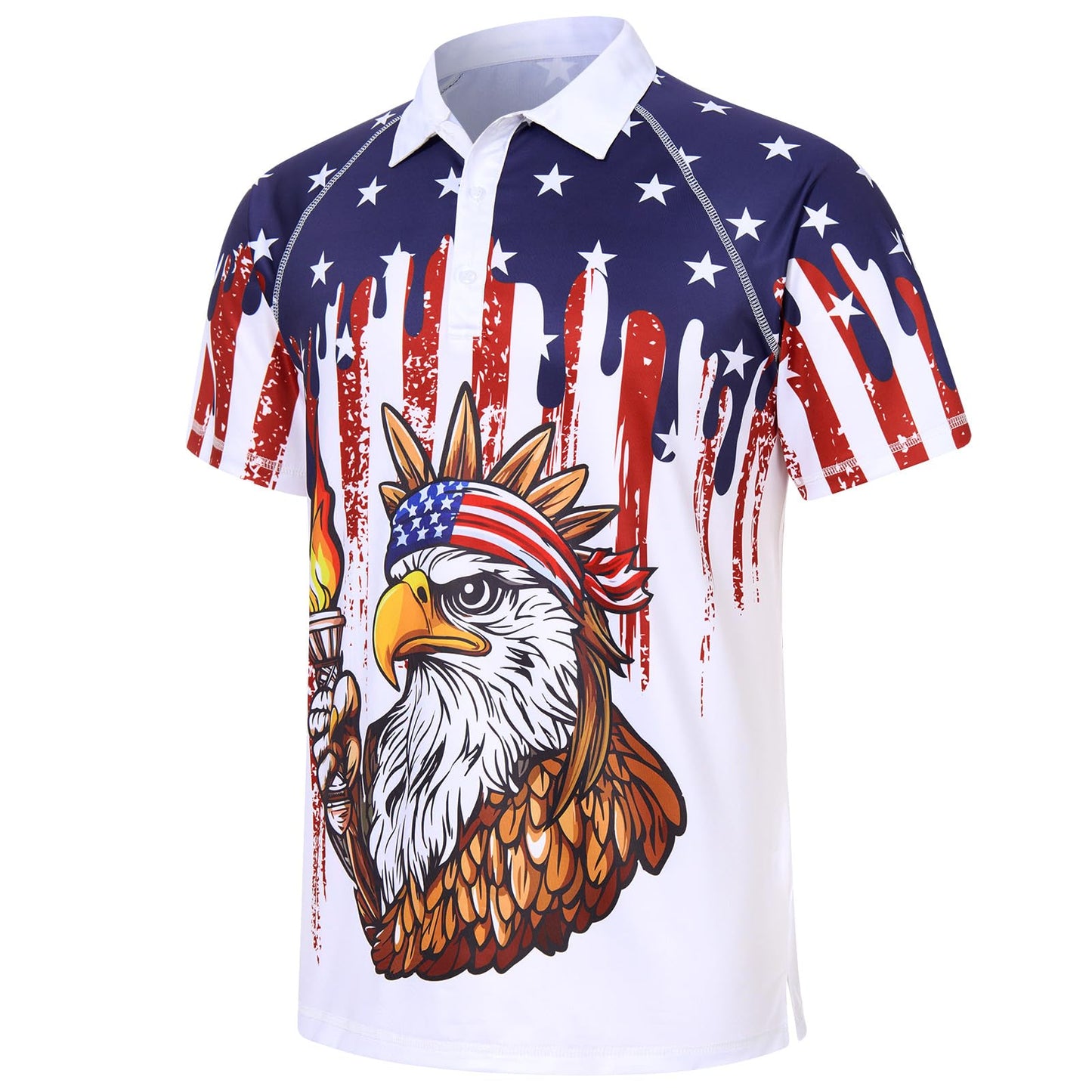 HOTRAISEVERN Mens American Flag Print Golf Polo Shirt Patriotic Raglan Sleeve Tees