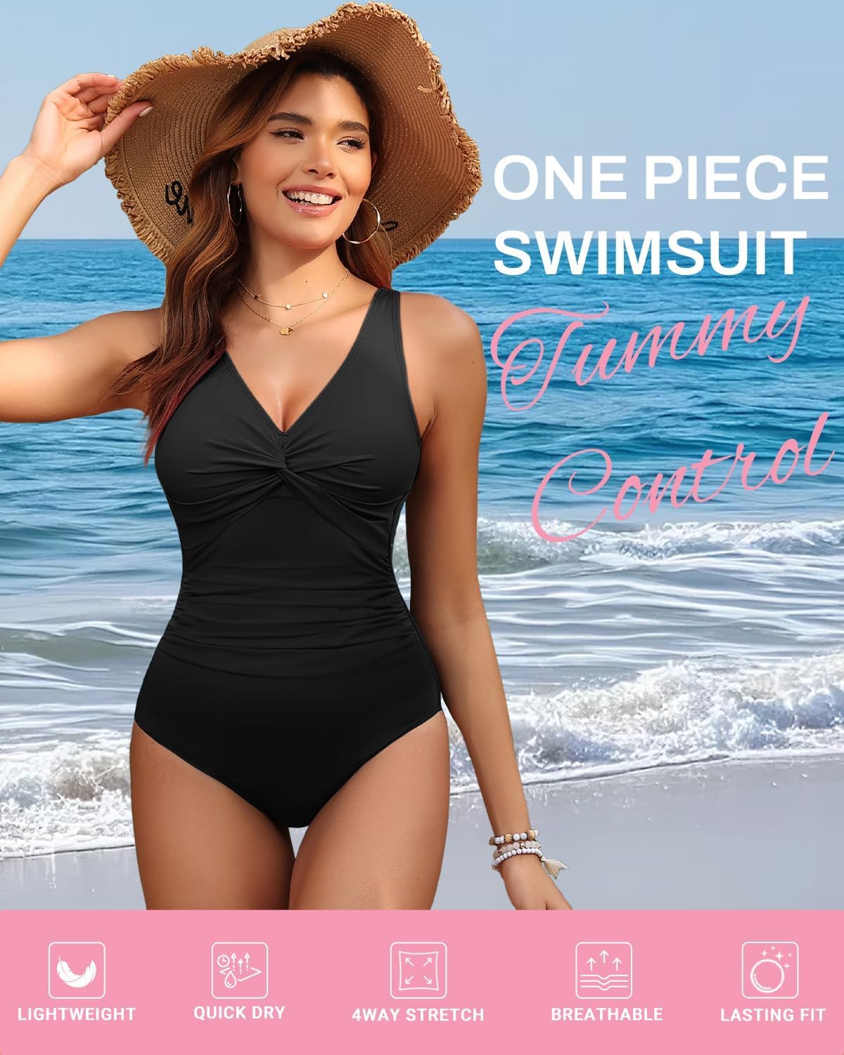 HOTWomen's Tummy Control One Piece Swimsuit Push Up Full Coverage Bathing Suit | V-Neck Twist Front, Low-Back Design, Adjustable Straps, Removable Pads, Full Coverage, Long-Torso Fit, Beach and Pool Days