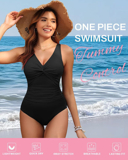 HOTWomen's Tummy Control One Piece Swimsuit Push Up Full Coverage Bathing Suit | V-Neck Twist Front, Low-Back Design, Adjustable Straps, Removable Pads, Full Coverage, Long-Torso Fit, Beach and Pool Days