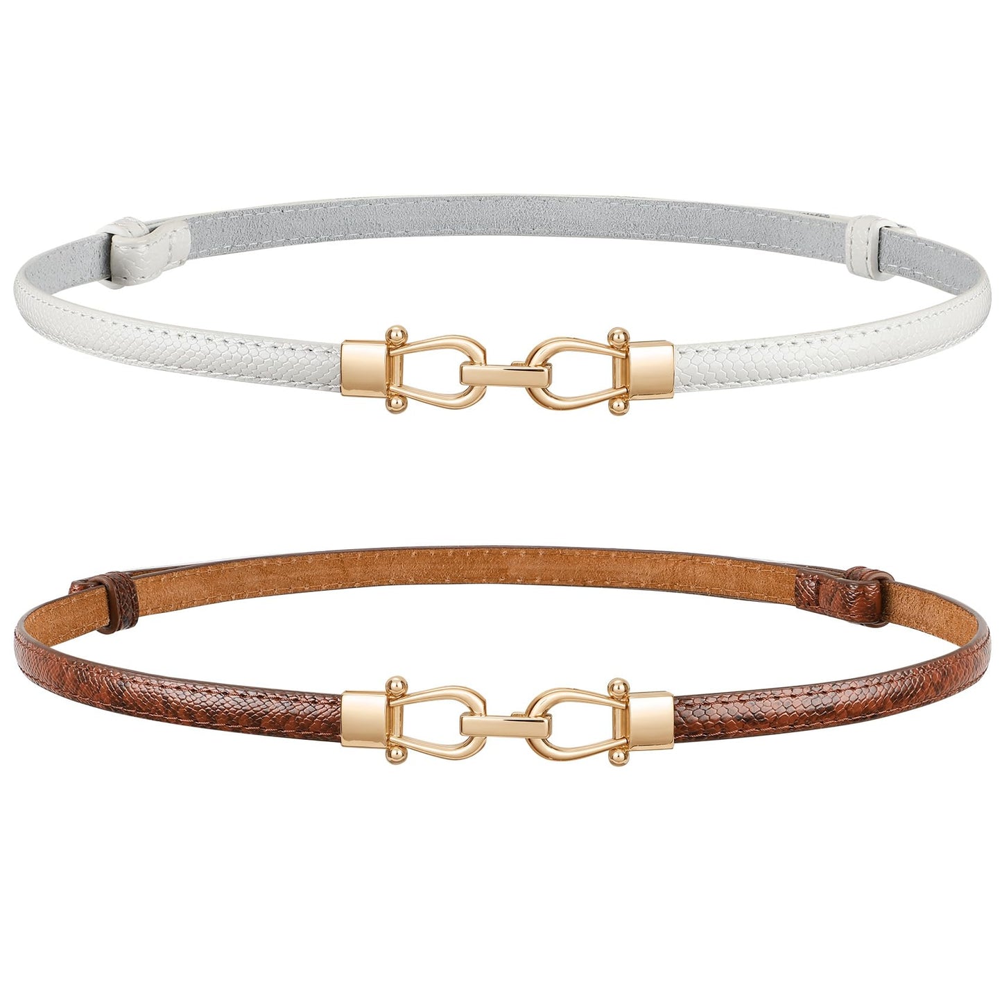 HOTJASGOOD Leather Skinny Belts for Women Plus Size Ladies Thin Waist Belts Adjustable for Jeans Pants Dresses with Gold Buckle