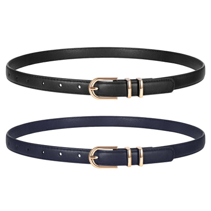HOTTRIWORKS 2 Pack Women Skinny Leather Belts for Jeans Pants Thin Faux Leather Belt with Gold Buckle