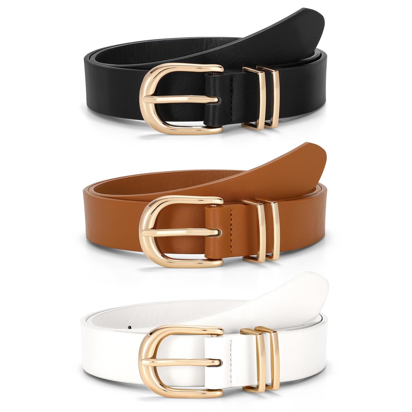 HOTJASGOOD 3 Pack Women Leather Belts For Jeans Dresses Pants Ladies Faux Leather Waist Belt with Gold Buckle