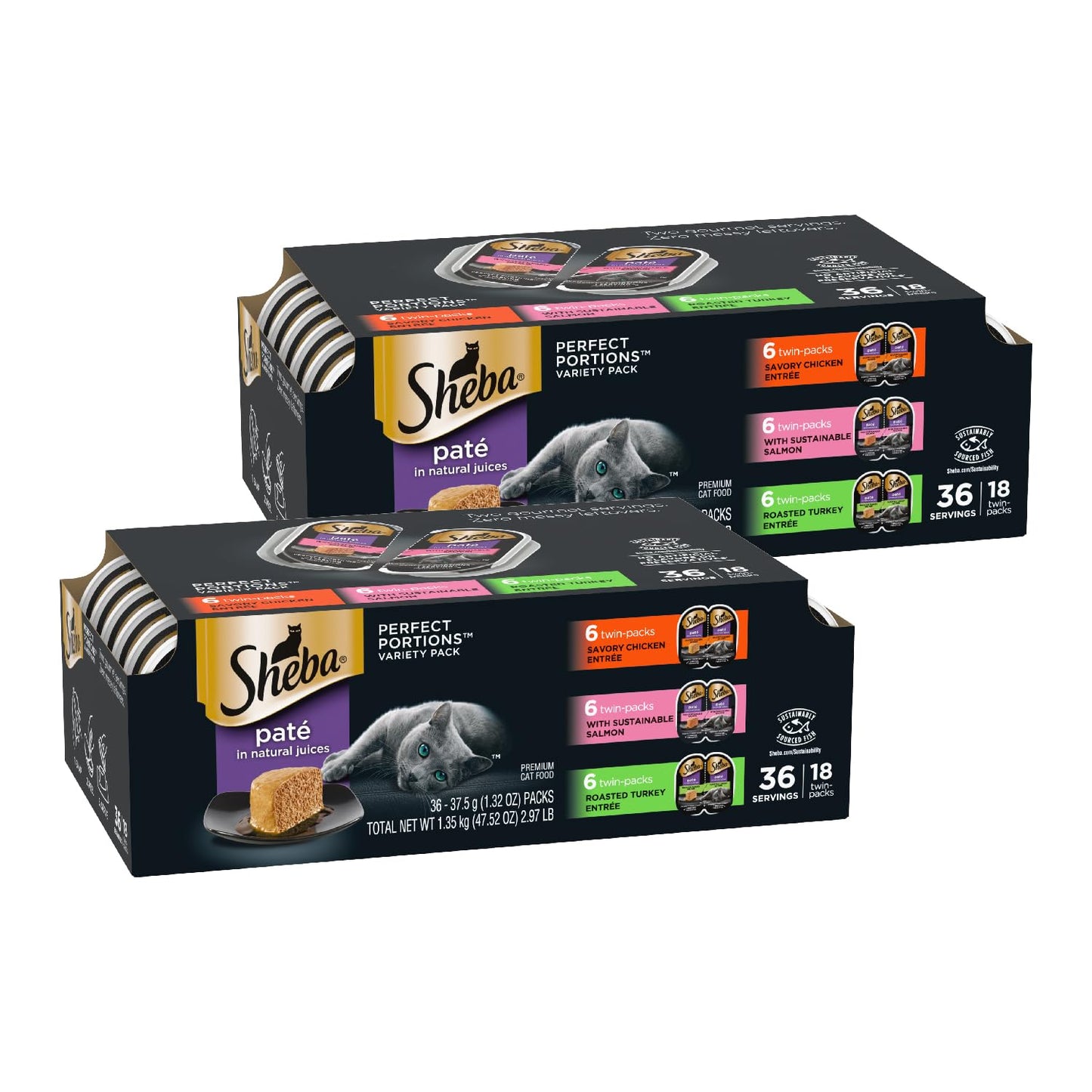HOTSheba Perfect Portions Pate Wet Cat Food, Seafood Variety, 2.6 oz, 24 ct | Grain-free, made in USA, Sustainable Salmon, Signature Seafood & Whitefish Tuna, no artificial flavors, twin-pack trays