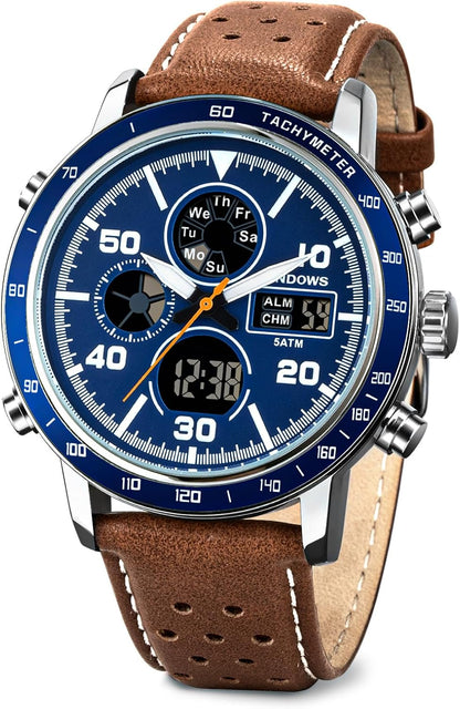 HOTPINDOWS Mens Digital Analog Watches, Multifunction Sport Casual | Dual time display, bright night backlight, daily alarm, precision stopwatch, and splash-proof construction