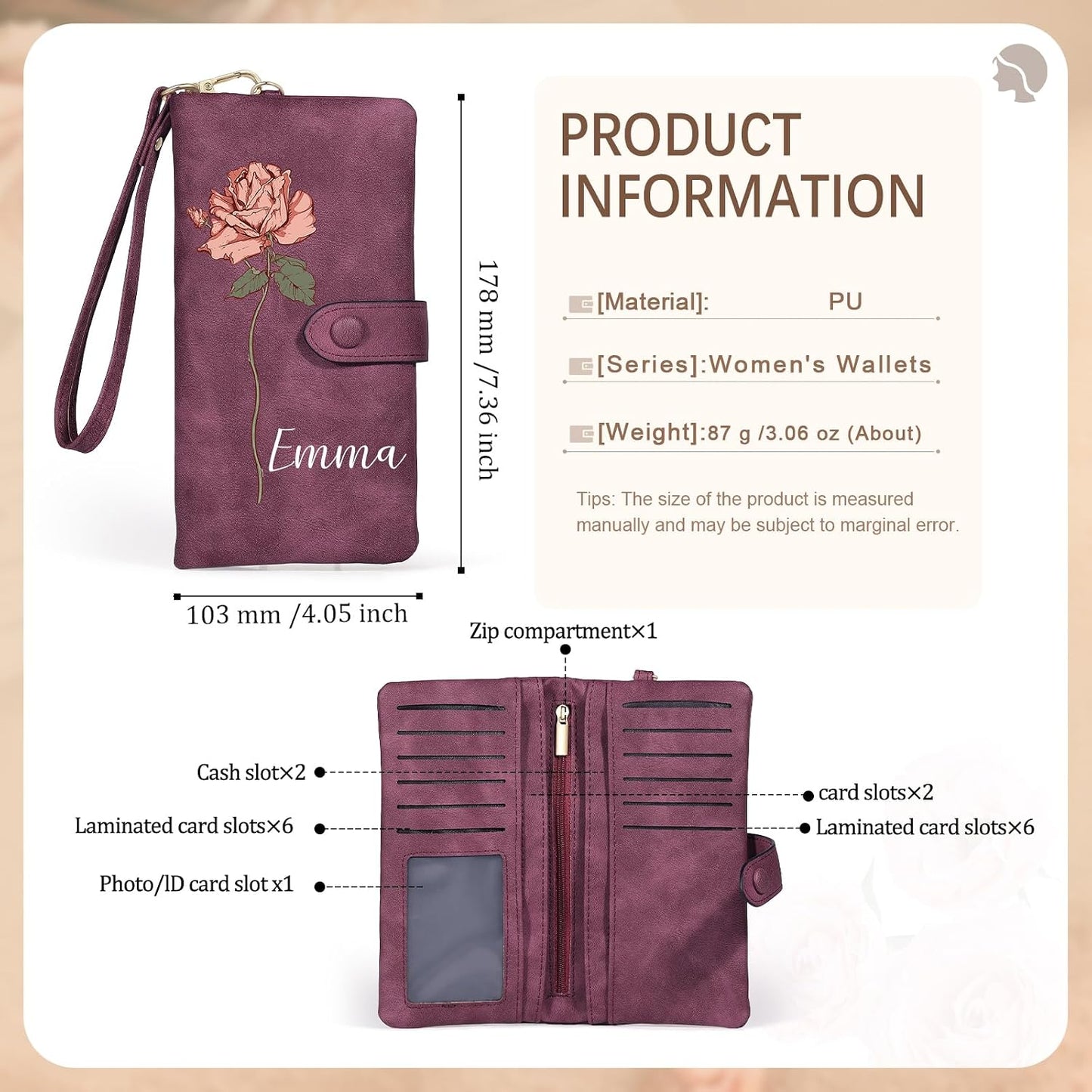 HOTPersonalized Wallet for Women, Custom Birth Flower & Name Detachable Leather Wristlet, Stylish Card Holder Purse with Zipper Large Capacity Wallet Mother's Day Gifts for Mom (Purple)