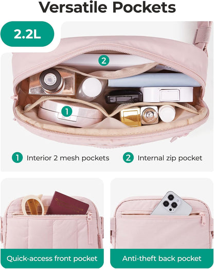 HOTBAGSMART Fanny Packs for Women Cross Body, Quilted Puffy Belt Bag with Pockets, Fashion Waist Packs for Traveling Hiking Black