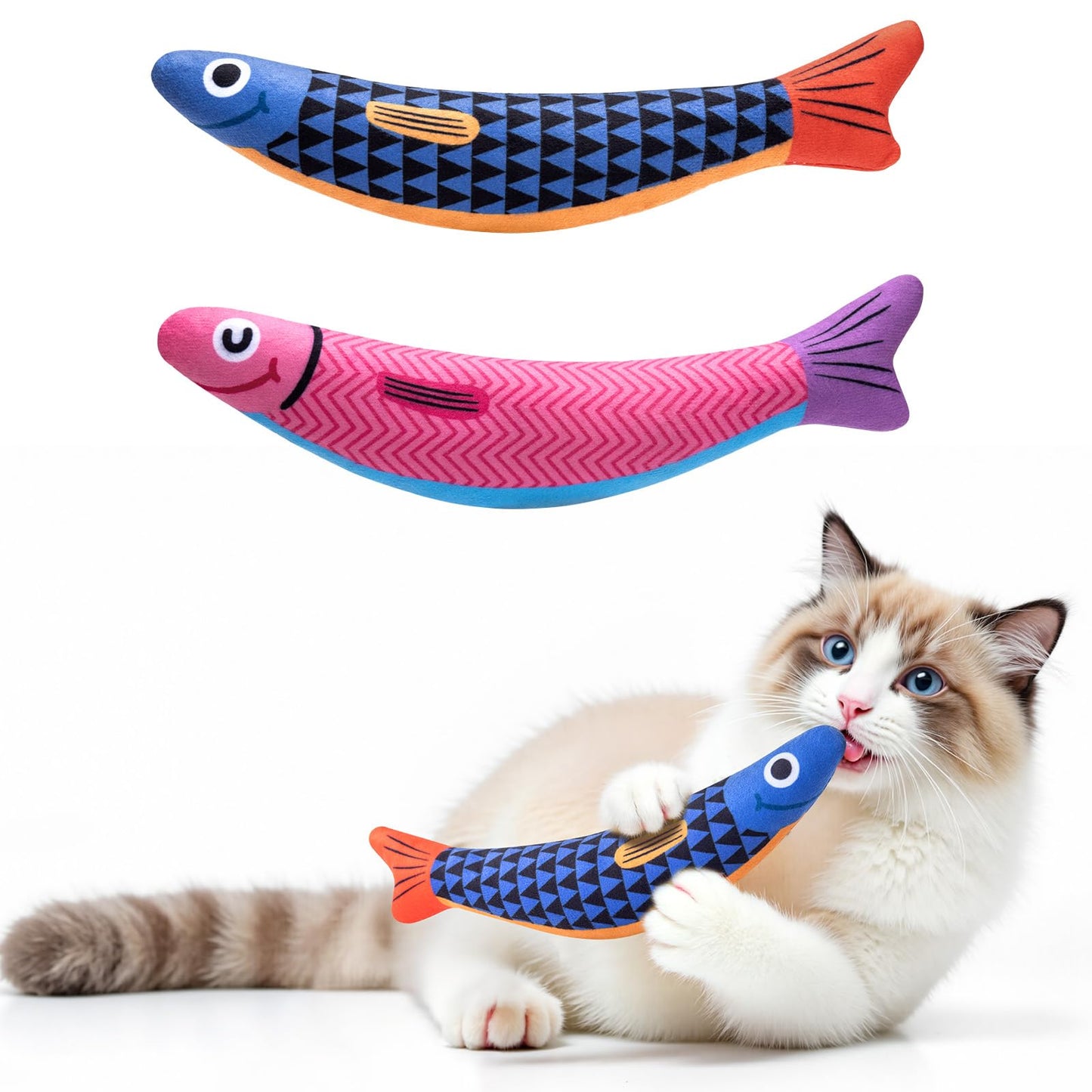 HOTPetBusy Cat Toys with[5000mg A+Natural Catnip &Silvervine] [Baby Grade] Interactive Soft Chew Kicker Cat Toys for Indoor Cats & Kittens, [Crinkle &Bell] Fish Sound Toy, Drives Bored Cat Crazy with Fun
