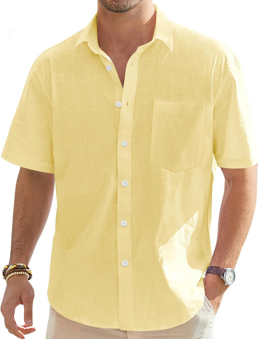 HOTJ.VER Mens Linen Shirt Short Sleeve Button Down Casual Summer Shirts | Cotton Linen, Untucked, Big Tall, from Beach Camp Vacation, Cruise Fishing, Work Office, to Wedding Party Family, with Pocket