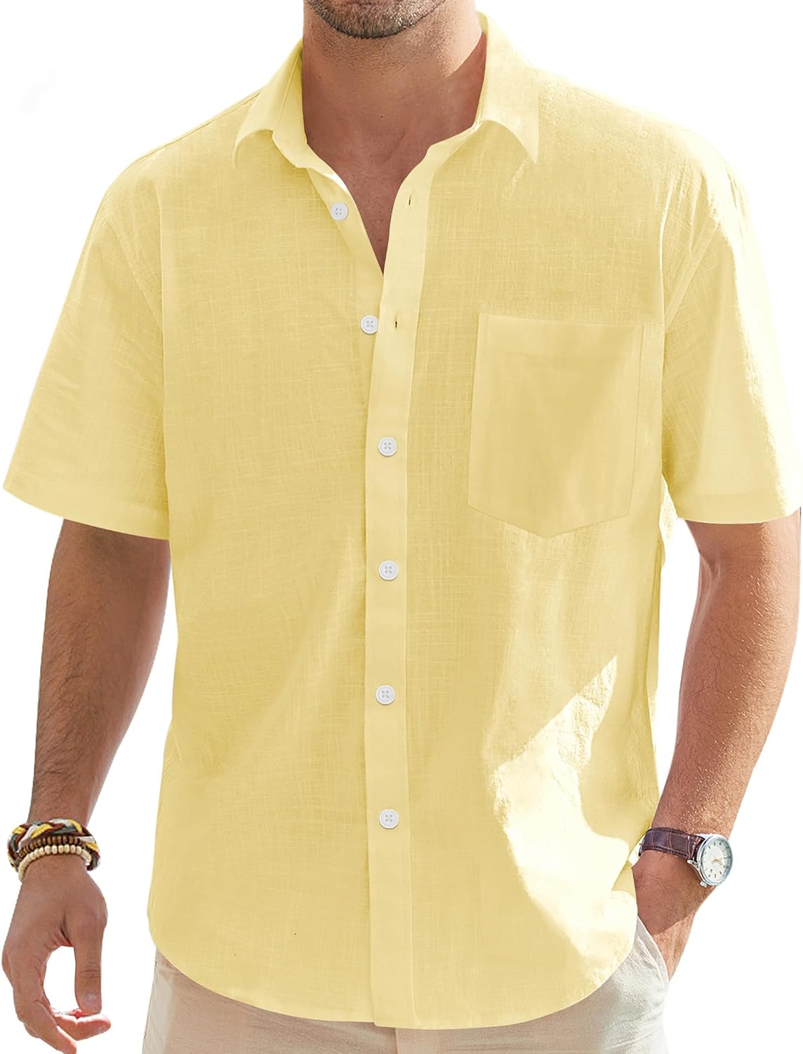 HOTJ.VER Mens Linen Shirt Short Sleeve Button Down Casual Summer Shirts | Cotton Linen, Untucked, Big Tall, from Beach Camp Vacation, Cruise Fishing, Work Office, to Wedding Party Family, with Pocket