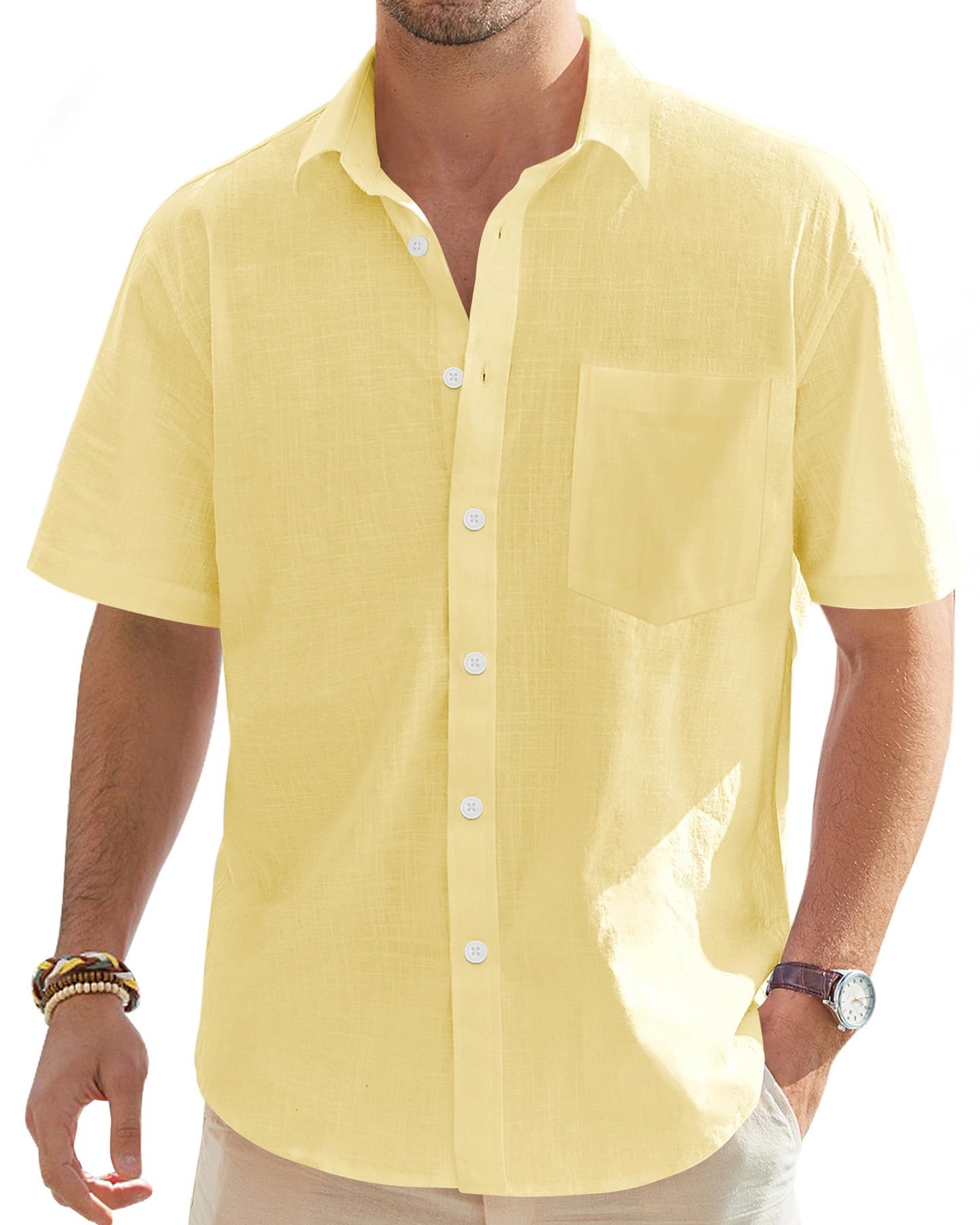 HOTJ.VER Mens Linen Shirt Short Sleeve Button Down Casual Summer Shirts | Cotton Linen, Untucked, Big Tall, from Beach Camp Vacation, Cruise Fishing, Work Office, to Wedding Party Family, with Pocket