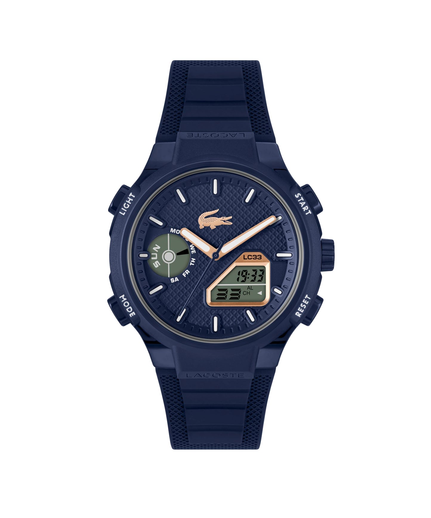 HOTLacoste LC33 Men’s Analog-Digital Quartz Watch - Silicone Strap with Crocodile Texture, TR90 Octagonal Case, Alarm, Chronograph and Calendar -Bold, Sporty Timepiece