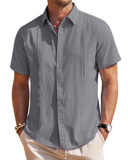 HOTMens Linen Textured Shirt Short Sleeve Button Down Cuban Guayabera Shirt | 100% Cotton, Casual Wear, Lightweight Breathable, Summer Beach, Untucked, Relaxed Fit, Vacation, Cruise, Camp, Collared