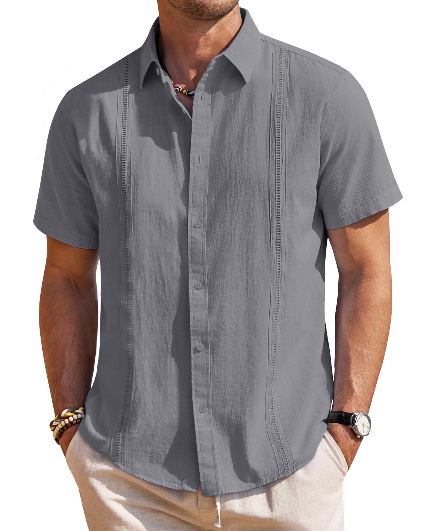 HOTMens Linen Textured Shirt Short Sleeve Button Down Cuban Guayabera Shirt | 100% Cotton, Casual Wear, Lightweight Breathable, Summer Beach, Untucked, Relaxed Fit, Vacation, Cruise, Camp, Collared