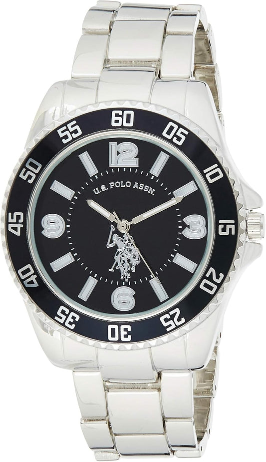 HOTU.S. Polo Assn. Men's Analog Stainless Steel Watch with Black Dial and Rotating Bezel – Sleek Design, Adjustable Band, and Water-Resistant – Fits Wrists 5.5" to 8"
