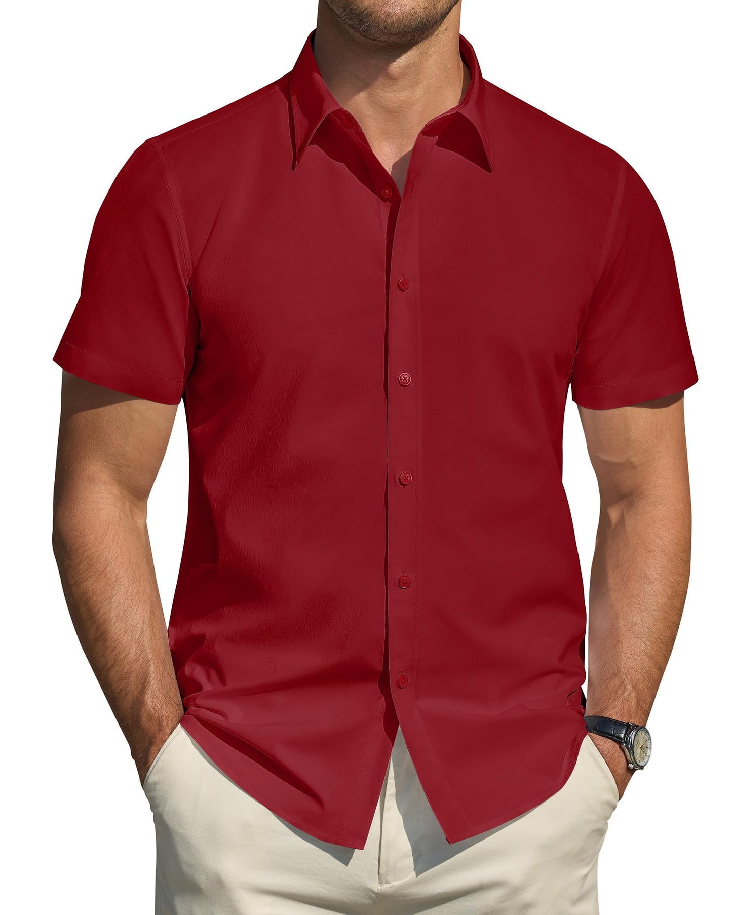 HOTJ.VER Men's Short Sleeve Dress Shirts Stretch Stain Shield Casual Button Down Shirts Solid Formal Shirt